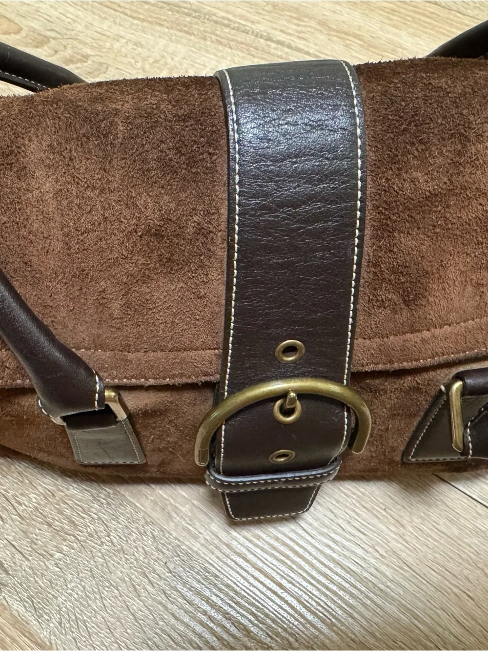 Coach Brown Suede Satchel with Dark Brown Leather Trim and Gold Hardware